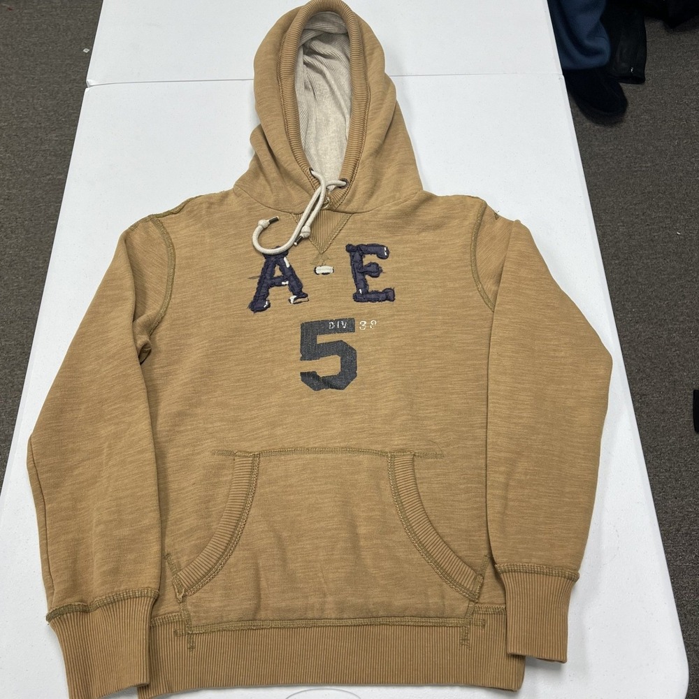 American Eagle Hoodie Mens XS Tan Vintage Fit Distressed Graphic Pullover C1